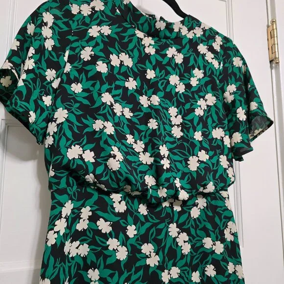 Green mixed floral blouson midi dress Ann Taylor size 0 - Picture 3 of 11